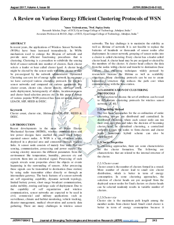 (PDF) A Review on Various Energy Efficient Clustering Protocols of WSN