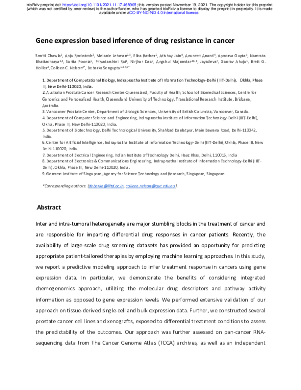 (PDF) Gene expression based inference of drug resistance in cancer