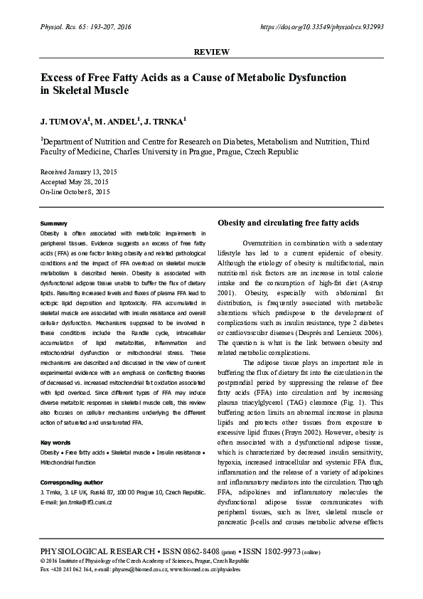 (PDF) Excess of Free Fatty Acids as a Cause of Metabolic Dysfunction in ...