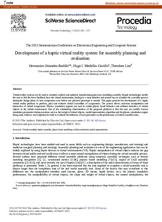 (PDF) Development of a Haptic Virtual Reality System for Assembly ...