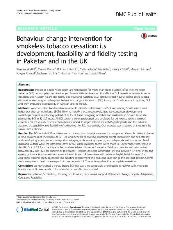 (PDF) Behaviour change intervention for smokeless tobacco cessation ...