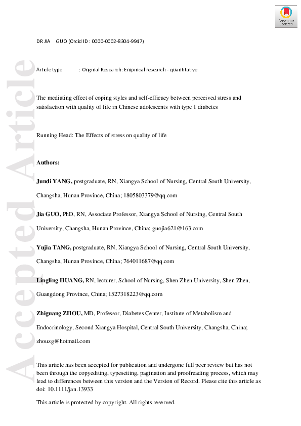 (PDF) The mediating effect of coping styles and self-efficacy between ...