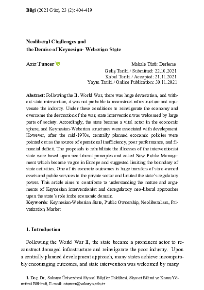 (PDF) Neoliberal Challenges and the Demise of Keynesian-Weberian State