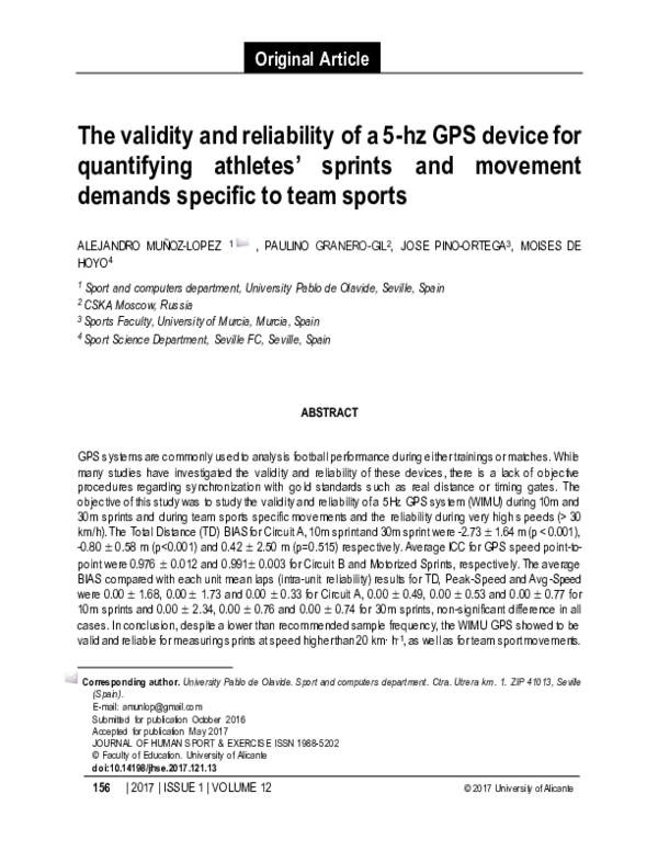 (PDF) The validity and reliability of a 5-hz GPS device for quantifying ...