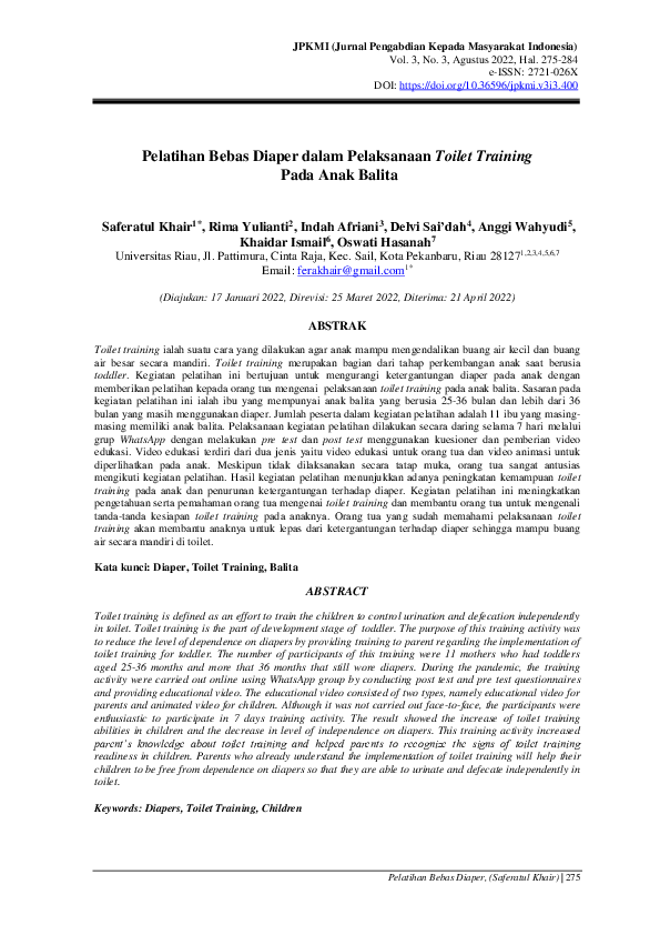 (PDF) Pelatihan Bebas Diaper dalam Pelaksanaan Toilet Training pada