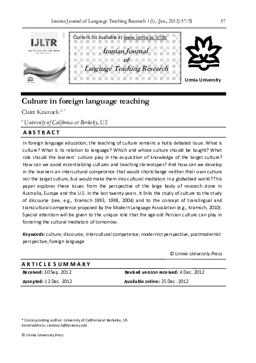 (PDF) Culture in Foreign Language Teaching
