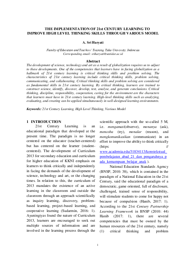 (PDF) THE IMPLEMENTATION OF 21st CENTURY LEARNING TO IMPROVE HIGH LEVEL ...