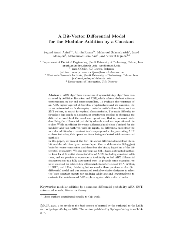  pdf a bit vector differential model for the modular addition by a