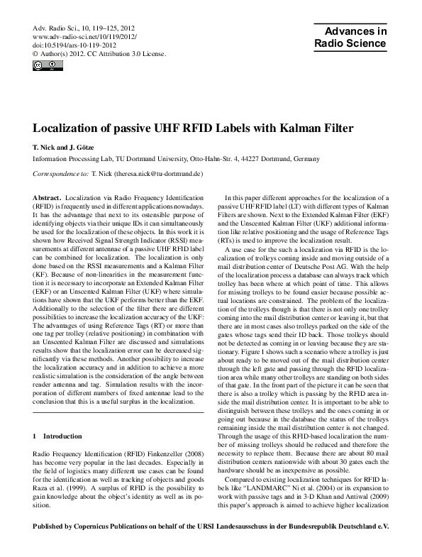 (PDF) Localization of passive UHF RFID Labels with Kalman Filter