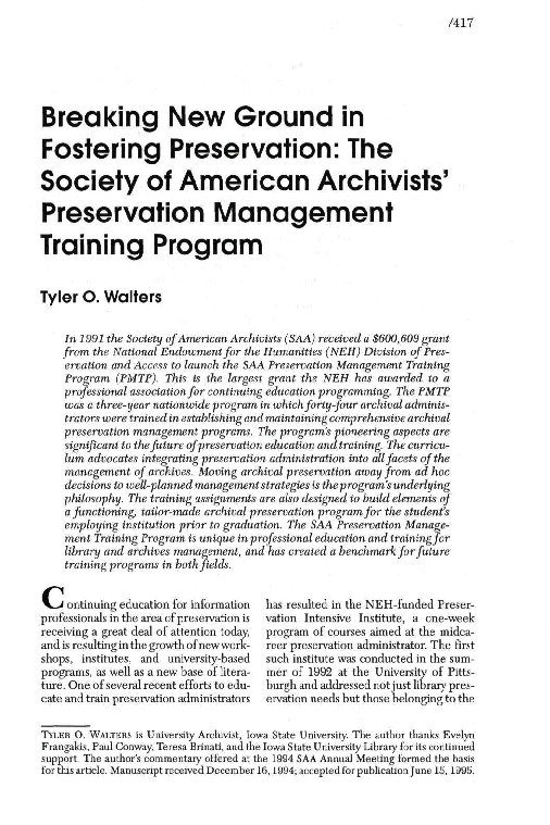 (PDF) Breaking new ground in fostering preservation: The Society of ...