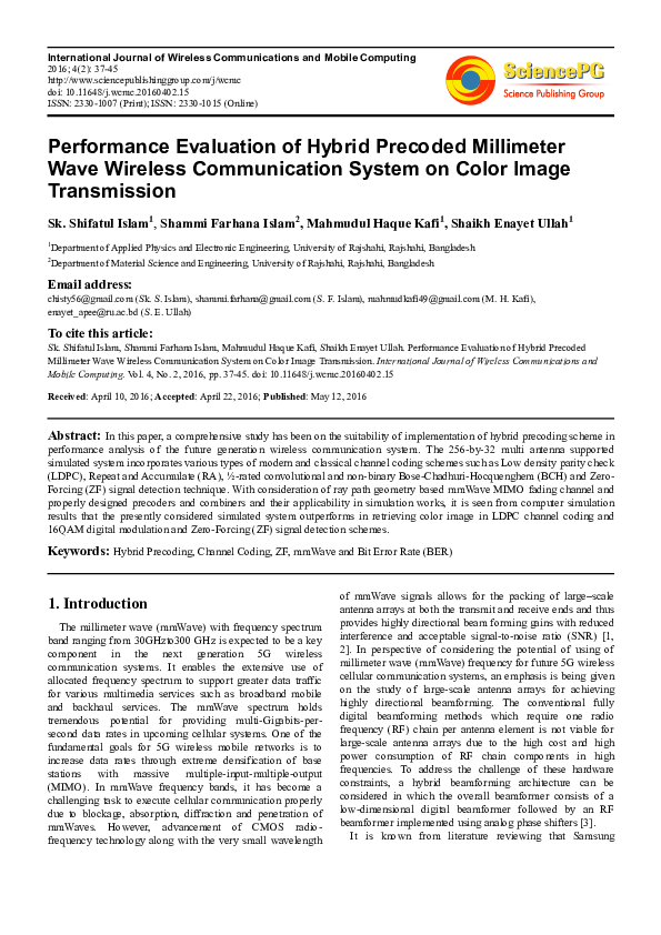 (PDF) Performance Evaluation of Hybrid Precoded Millimeter Wave ...