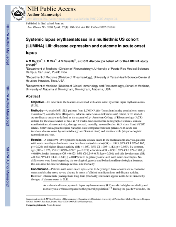 (PDF) Systemic lupus erythaematosus in a multiethnic US cohort (LUMINA ...
