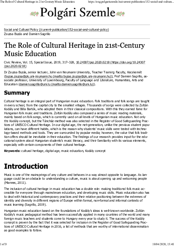 (PDF) The Role of Cultural Heritage in 21st-Century Music Education