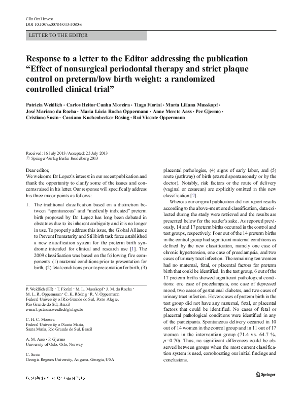 (PDF) Response to a letter to the Editor addressing the publication ...