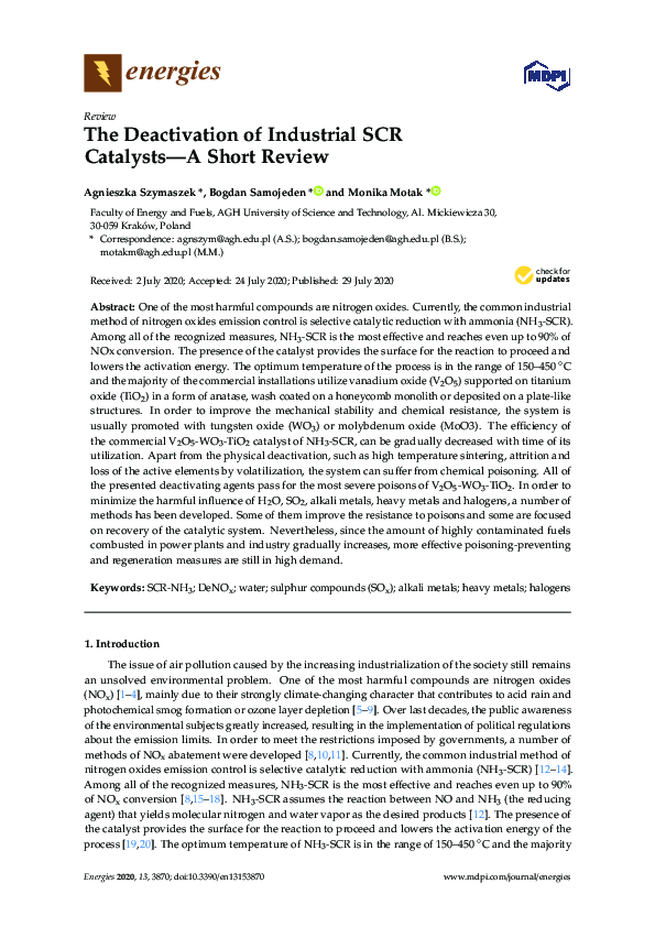 (PDF) The Deactivation of Industrial SCR Catalysts—A Short Review