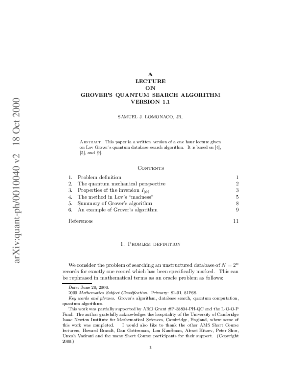 (PDF) A Lecture on Grover’s Quantum Search Algorithm