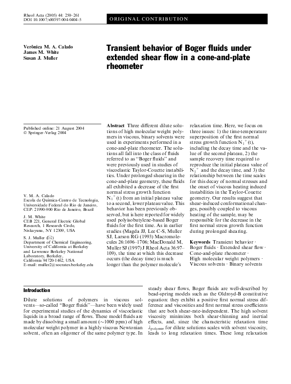 (PDF) Transient behavior of Boger fluids under extended shear flow in a