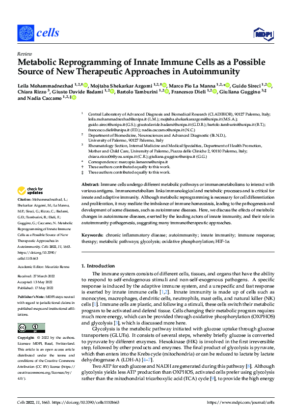 (PDF) Metabolic Reprogramming of Innate Immune Cells as a Possible ...