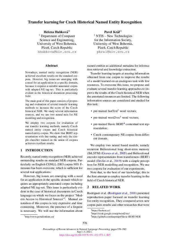 (PDF) Transfer learning for Czech Historical Named Entity Recognition
