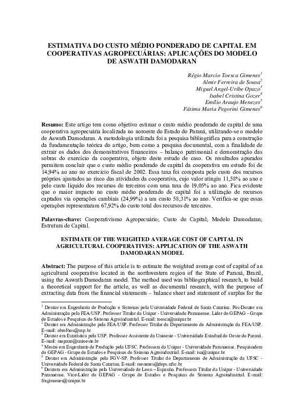 (PDF) Estimativa Do Custo Médio Ponderado De Capital Em Cooperativas ...