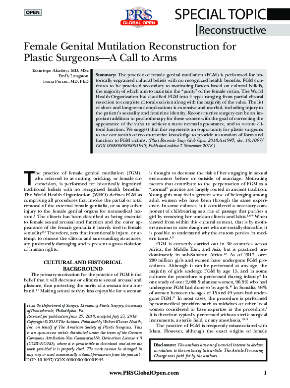(PDF) Female Genital Mutilation Reconstruction for Plastic Surgeons—A Call to Arms Emily