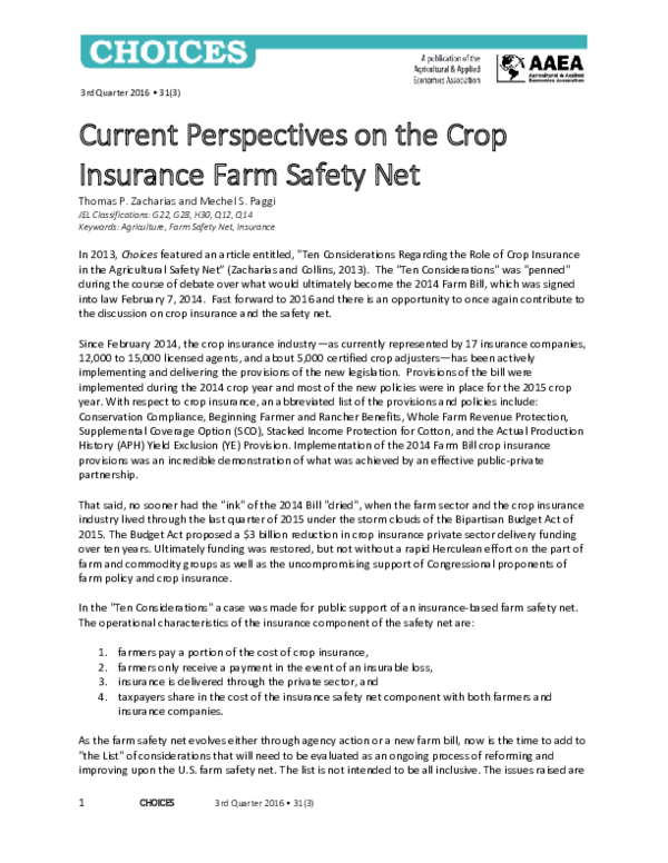 (PDF) Current Perspectives on the Crop Insurance Farm Safety Net