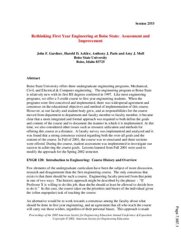 (PDF) Rethinking First Year Engineering At Boise State: Assessment And ...