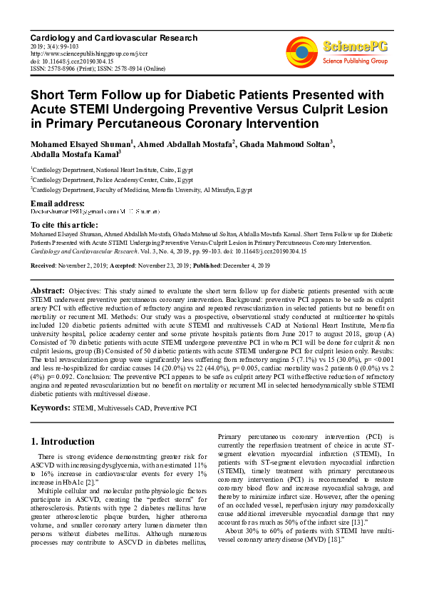 Short Term Follow up for Diabetic Patients Presented with Acute STEMI Undergoing Preventive Versus Culprit Lesion in Primary Percutaneous Coronary Intervention