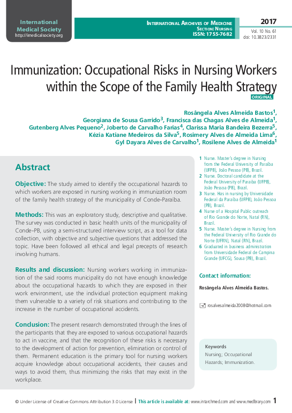 (PDF) Immunization: Occupational Risks in Nursing Workers within the ...