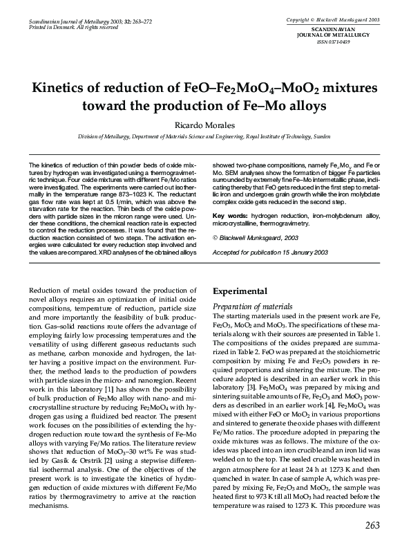 (PDF) Kinetics of reduction of FeO-Fe2MoO4-MoO2 mixtures toward the ...