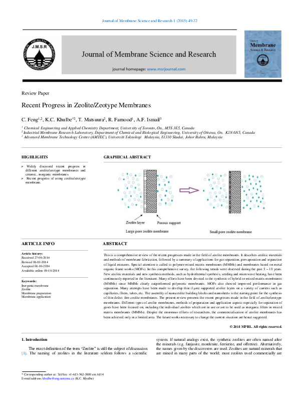 (PDF) Recent Progress in Zeolite/Zeotype Membranes
