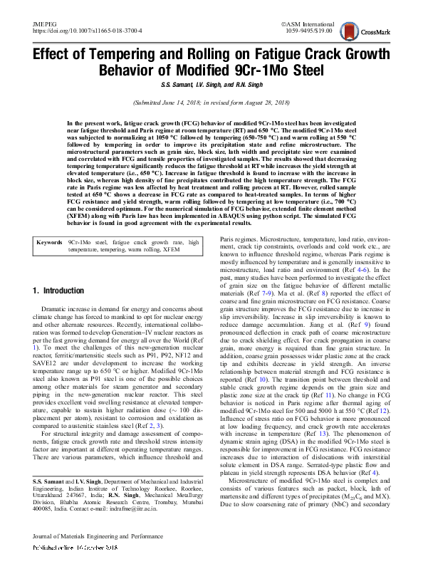 (PDF) Effect of Tempering and Rolling on Fatigue Crack Growth Behavior ...
