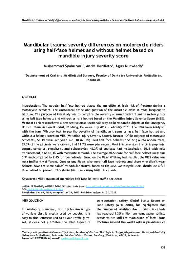 (PDF) Mandibular trauma severity differences on motorcycle riders using ...