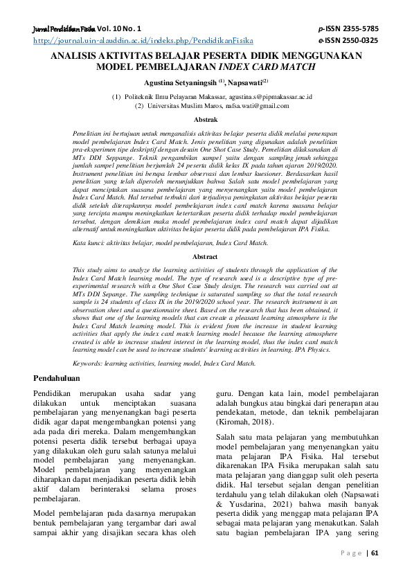 (PDF) Analisis Aktivitas Belajar Peserta Didik Menggunakan Model