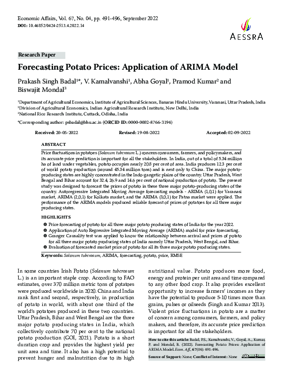 (PDF) Forecasting Potato Prices: Application of ARIMA Model