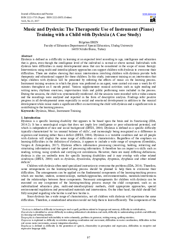 (PDF) Music and Dyslexia: The Therapeutic Use of Instrument (Piano ...