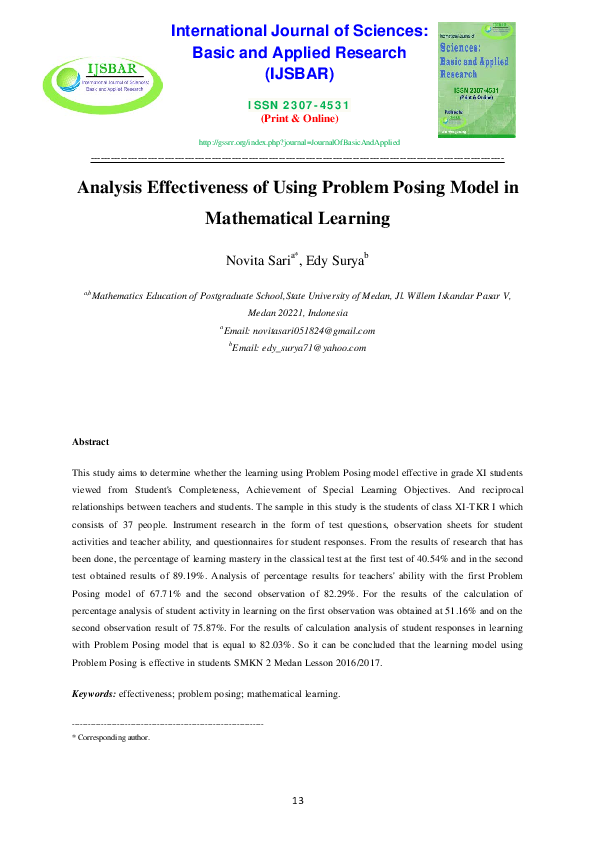 (PDF) Analysis Effectiveness of Using Problem Posing Model in ...