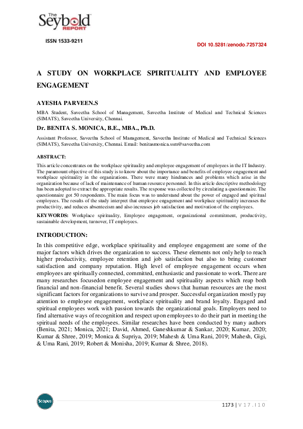 (PDF) A Study on Workplace Spirituality and Employee Engagement
