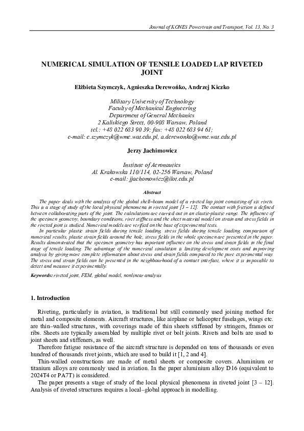 (PDF) Numerical Simulation of Tensile Loaded Lap Riveted Joint