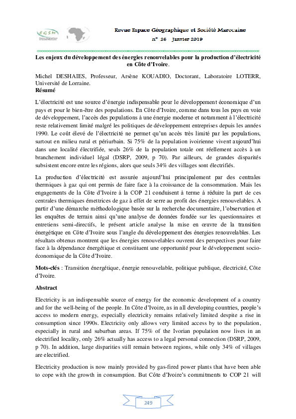 (PDF) Les enjeux du développement des énergies renouvelables pour la ...