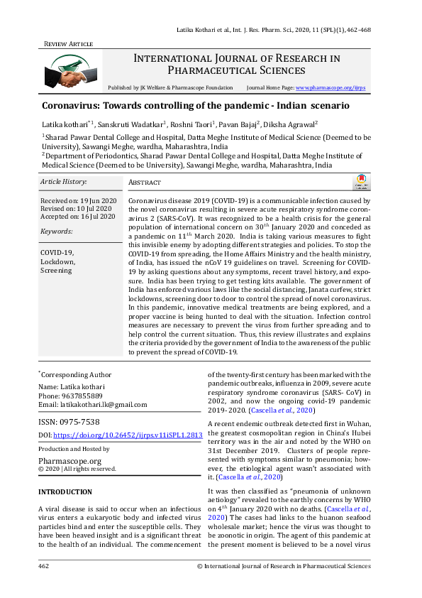 (PDF) Coronavirus: Towards controlling of the pandemic - Indian scenario