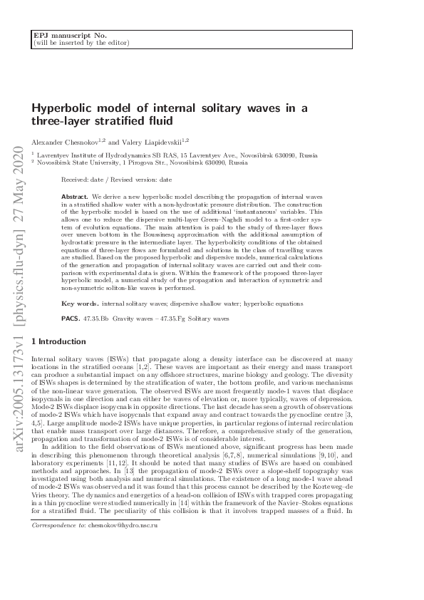(PDF) Hyperbolic model of internal solitary waves in a three-layer ...