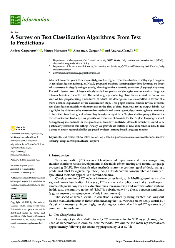 (PDF) A Survey on Text Classification Algorithms: From Text to Predictions