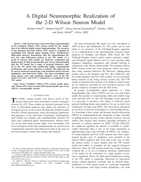 (PDF) A Digital Neuromorphic Realization of the 2-D Wilson Neuron Model