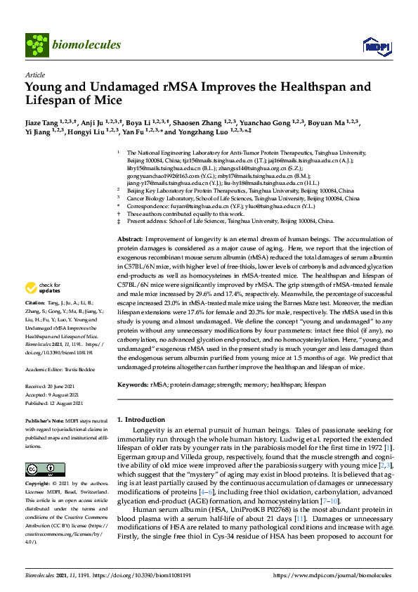 (PDF) Young and Undamaged rMSA Improves the Healthspan and Lifespan of Mice