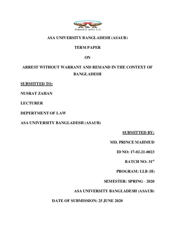 (PDF) Arrest without Warrant and Remand of Bamgladesh by MD Prince Mahmud