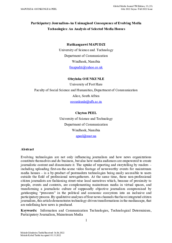 (PDF) Participatory JournalismAn Unimagined Consequence of Evolving