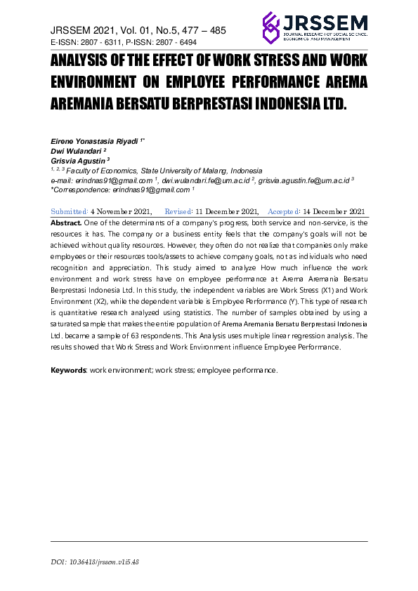 (PDF) Analysis of The Effect of Work Stress and Work Environment on ...