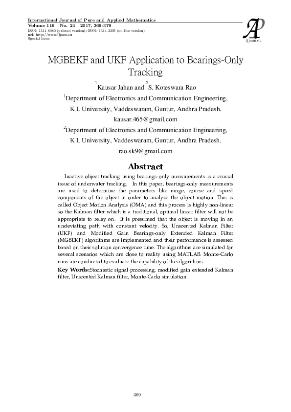 (PDF) MGBEKF and UKF Application to Bearings-Only Tracking