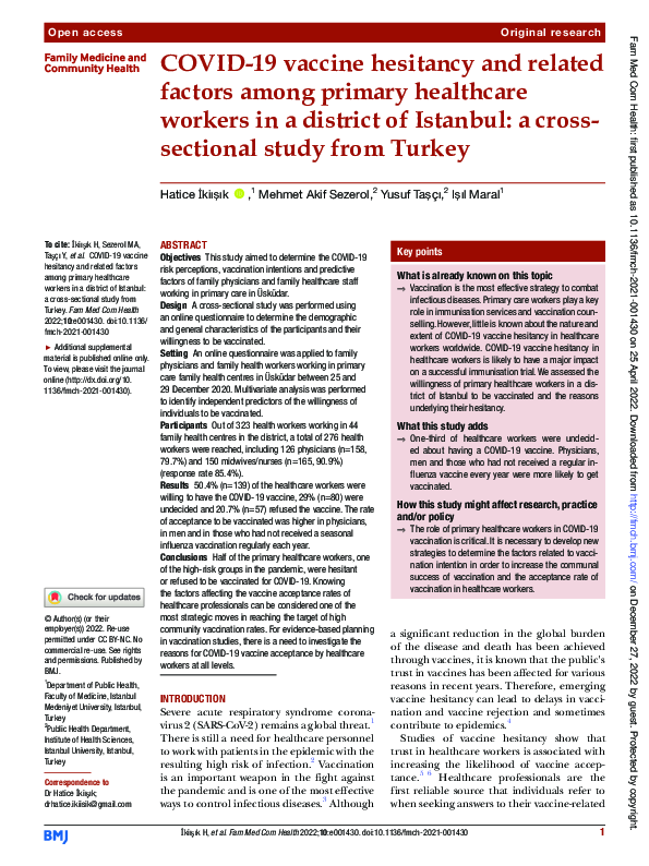 (PDF) COVID-19 vaccine hesitancy and related factors among primary ...